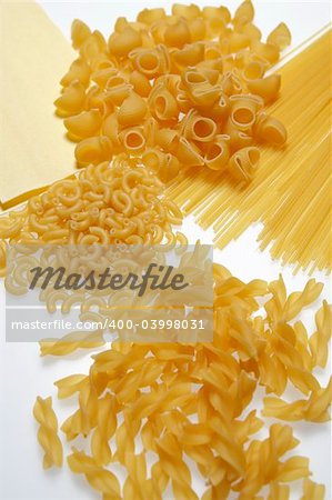 Variety of pasta on a white background