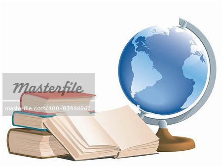 Books and globe on white background, vector