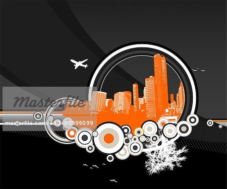 City and nature with circles on black background. Vector