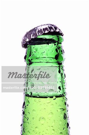 bottle isolated on white, a green bottle closeup with water droplets