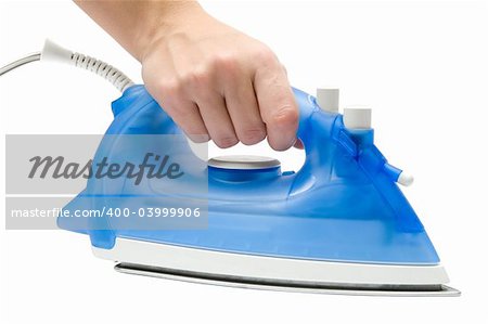 Female hand holding a blue iron. Isolated on a white background.