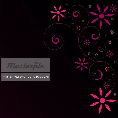 Graphic illustration of pink flowers and swirls against a black gradient background.
