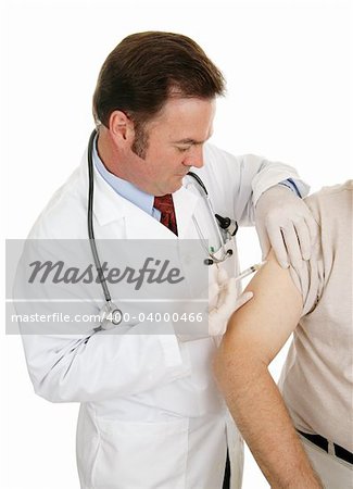 Doctor giving injection to a senior patient.  Isolated on white.