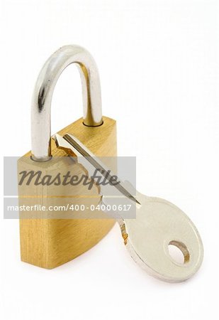 close-up of padlock and key on white background