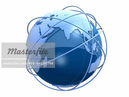 3d rendered illustration of a blue globe with rings around