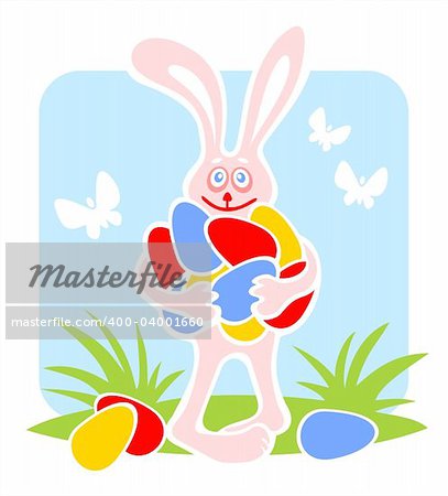 Cheerful rabbit with easter eggs on a white background.
