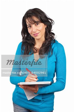 Young student woman writing, isolated on white background