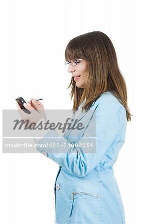 Beautiful businesswoman holding a PDA over a white background