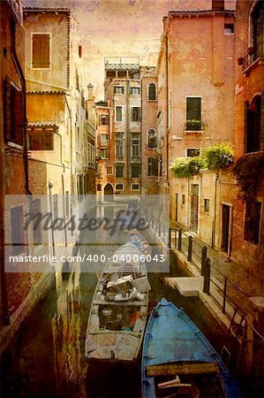Artistic work of my own in retro style - Postcard from Italy. - Narrow canal - Venice.