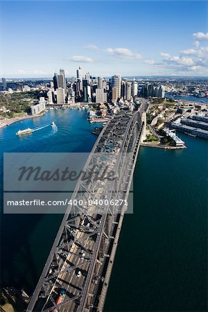 Aerial view of Sydney Harbour Bridge and skyline in  Sydney, Australia.