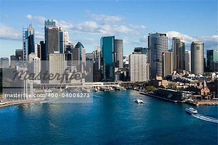 Aerial view of skyscrapers and Sydney Cove in Sydney, Australia.
