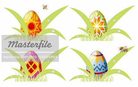 Easter eggs with ornament in grass with bee, element for design, vector illustration