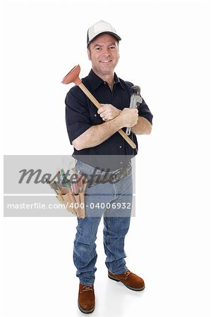 Friendly plumber with his tools.  Full body isolated on white.