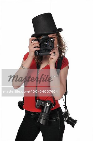 Happy young women shooting photographer, with cameras, isolated white