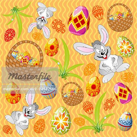 Easter pattern with ornament eggs, rabbit, basket, grass, element for design, vector illustration