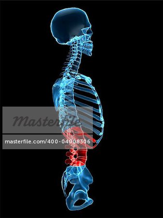 3d rendered anatomy illustration of a human skeleton with a painful spine