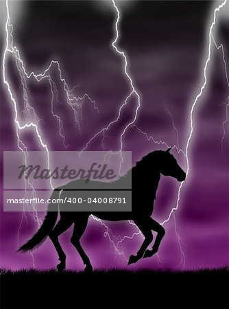 Black horse silhouette running in the storm