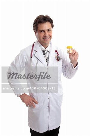 A doctor or pharmacist holds prescription bottle of medicine.