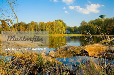 Autumn over river. Beautiful landscape with trees and water tower and multiple colored leaves.