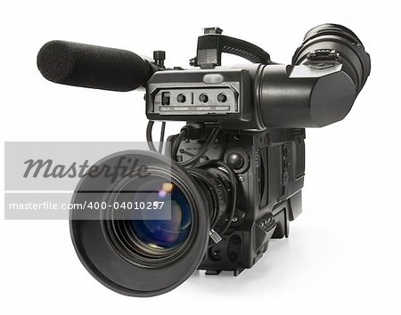 Professional digital video camera, isolated on white background