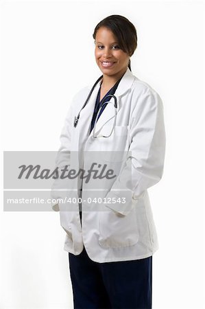 Female attractive African American doctor with a nose ring wearing white lab coat wearing a stethoscope around shoulders smiling standing on white background