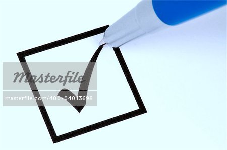 Pencil making a check sign in a square box. Isolated on white.