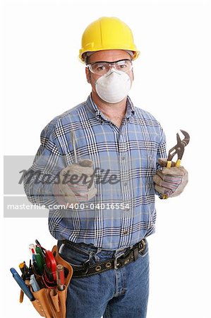 Construction worker with his tools and safety equipment.  All safety equipment depicted is in compliance with OSHA standards.  Isolated on white.