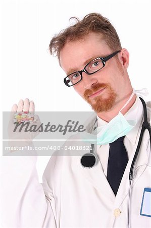 doctor with tablets on white background