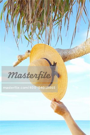 view of nice tropic scene with sailor-hat and hand