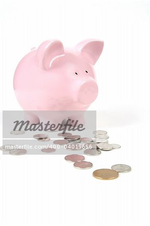 Pink Piggy Bank on isoalted on white background with coins
