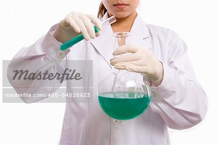 Female scientist with test tube in white background.