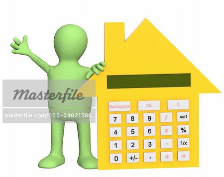 3d puppet with calculator in form of house. Object over white