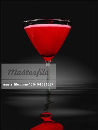 red cocktail in martini glass in water, black background