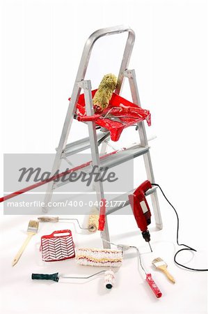 paint roller, brushes, borer and ladder on white background