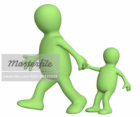 Puppet - adult, pulling for a hand of the small child. Objects over white