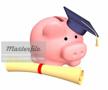 Piggy bank with cap and the diploma. Objects over white