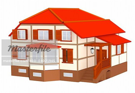 3d cottage with a roof of red color. Objects over white