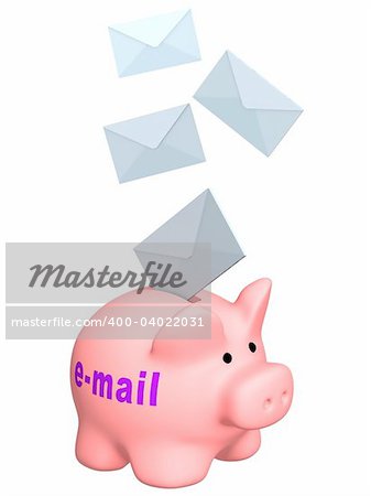 3d letters, falling in a piggy bank - e-mail. Objects over white