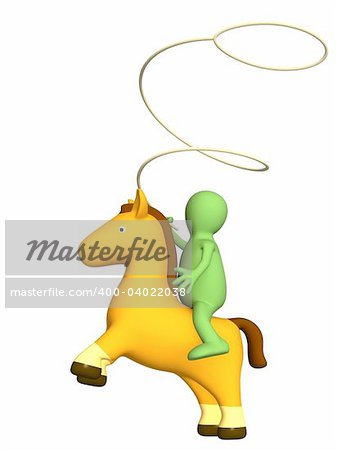 3d cowboy - puppet with lasso, sitting horseback. Objects over white