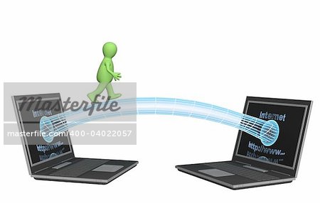 3d puppet, going on the bridge between two laptops. Objects over white
