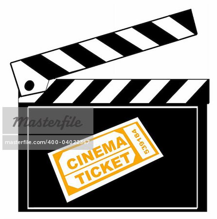 movie or film clapboard with cinema ticket