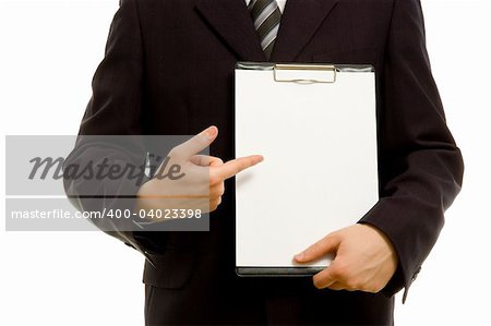 Businessman is holding a clipboard. Copyspace for your text.