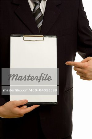 Businessman is holding a clipboard. Copyspace for your text.