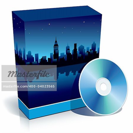 Blue blank 3d box with panorama of modern city at night and CD.