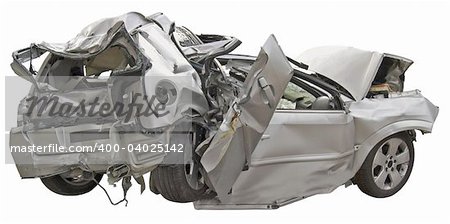 A wrecked passenger car on a white background.