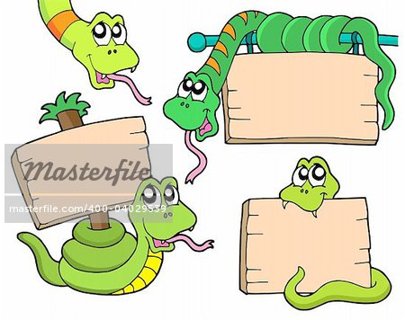 Snakes with wooden signs - vector illustration.