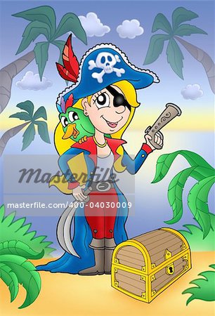 Blond pirate woman with treasure chest - color illustration.