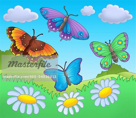 Butterflies on meadow - color illustration.