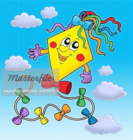 Cute kite on blue sky - color illustration.