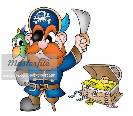 Pirate with treasure chest - color illustration.